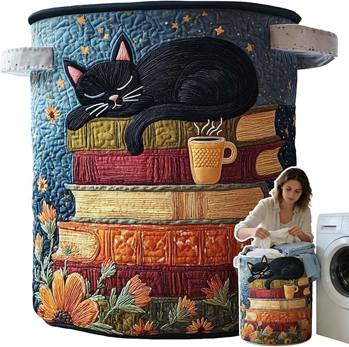 Cat Quilted Laundry Basket - 18"/22"/28", 2026 Large Quilted Cat Laundry Basket with Handles, Cozy Cat Fabric Storage Hamper for Nursery, Bedroom, Laundry Room, Clothes & Toys (1, M 16"X22")