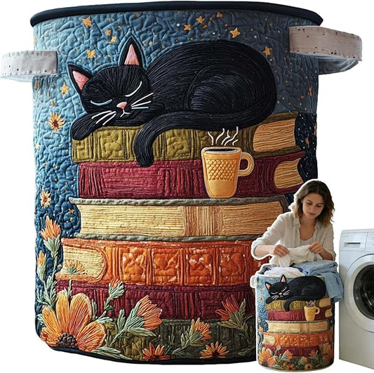 Cat Quilted Laundry Basket - 18"/22"/28", 2026 Large Quilted Cat Laundry Basket with Handles, Cozy Cat Fabric Storage Hamper for Nursery, Bedroom, Laundry Room, Clothes & Toys (1, M 16"X22")