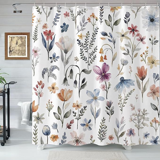 Aipon Watercolor Floral Shower Curtain Colorful Spring Flower Shower Curtains for Bathroom Boho Grey Pink Wildflower Botanical Leaf Waterproof Fabric Bath Curtain Decor 72 X 72 Inches