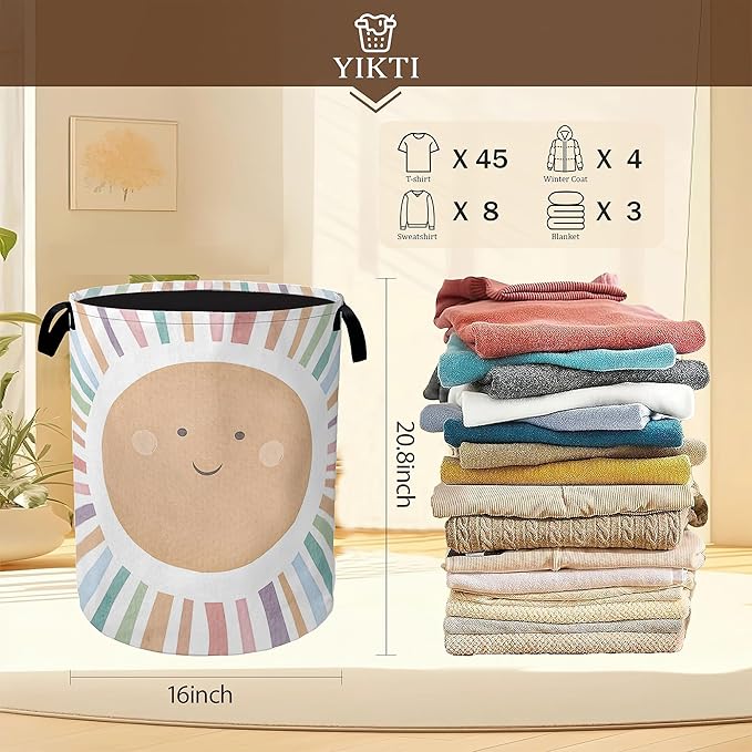 Collapsible Laundry Basket,Colorful Boho Sunshine Dirty Clothes Hamper,Cute Cartoon Sun Hampers for Bedroom Waterproof Oxford Cloth Storage Organizer for Bathroom,Nursery,Dorm,16x20 Inch