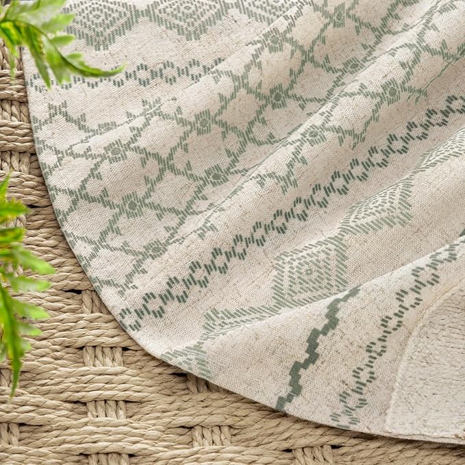 Sage Green Boho Shower Curtain for Bathroom, Linen Striped Print and Twine-Inspired Woven Center,72" W x 72" L