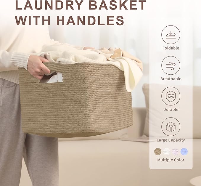 60L Small Wicker Laundry Basket for Living Room Storage,Boho Woven Cotton Rope Baskets for Kids Toy,Gifts,Square Blanket Hamper for Bedroom Dirty Clothes,Jute