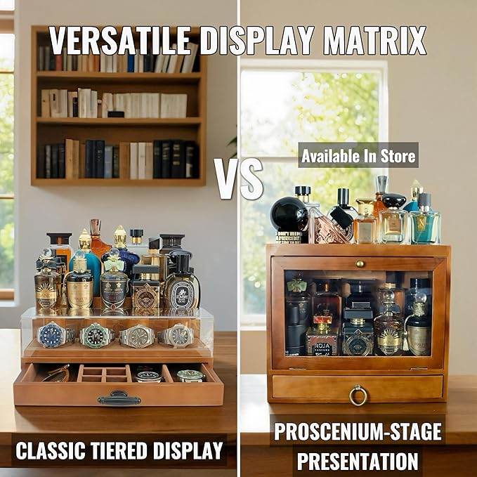 Cologne and Watch Organizer Walnut Brown – Wooden Perfume Display Stand with Jewelry Storage Drawer, Velvet Lining, Hidden Compartment – Large Cologne Holder – Gift Box Included