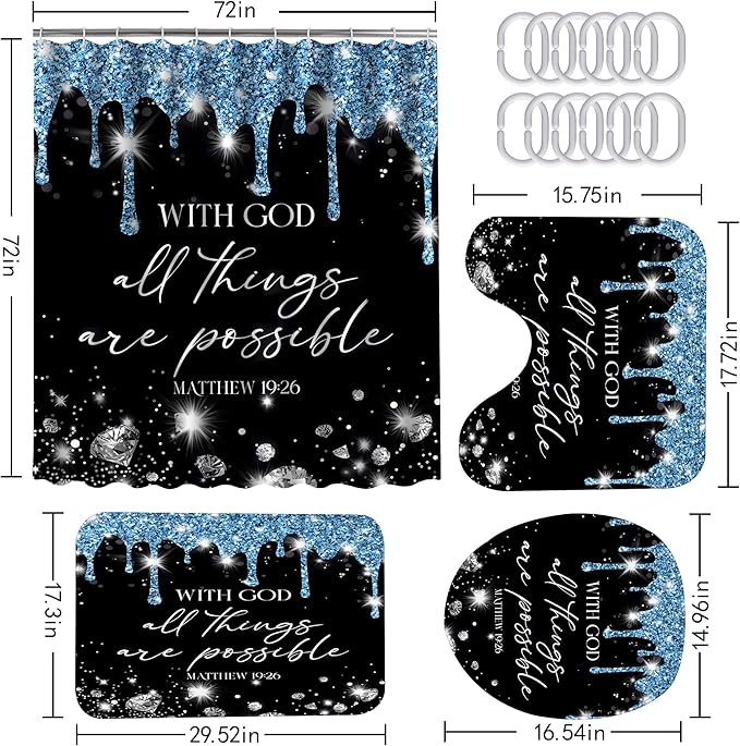 4 Pcs Black Blue Diamonds Shower Curtain Set with Rugs and Toilet Lid Cover, Black White Bible Verse Waterproof Fabric Bathroom Set, Christian Scripture Shower Curtain Bathroom Decor Set Accessories