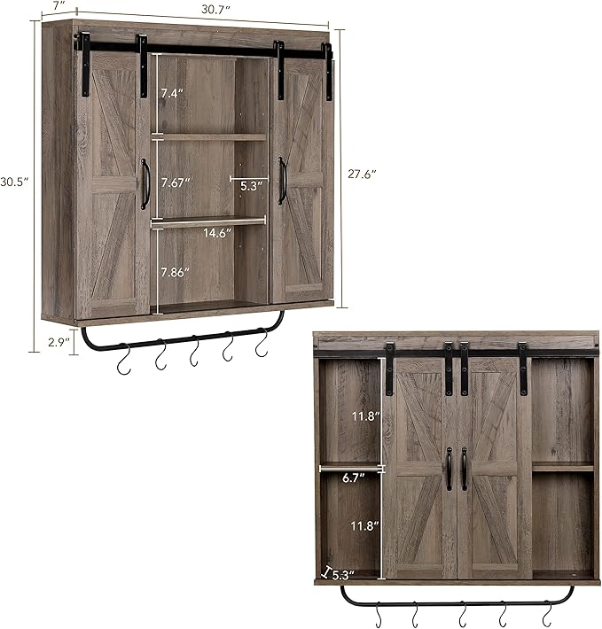 RUSTOWN Rustic Wood Wall Storage Cabinet with Two Sliding Barn Door, 3-Tier Decorative Farmhouse Vintage Cabinet for Kitchen Dining, Bathroom, Living Room, Washed Oak