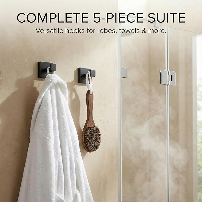Matte Black Bathroom Hardware Set 5-Piece, Modern Square SUS304 Stainless Steel Bath Accessory Kit with 23.6" Towel Bar