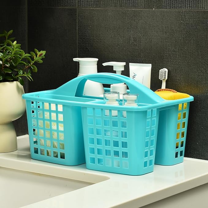 ALINK Plastic Shower Caddy Basket with Compartments, Portable Divided Cleaning Supply Storage Organizer with Handle for College Dorm Bathroom -Blue