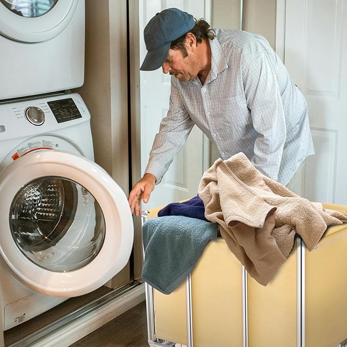 Commercial Laundry Cart with Wheels, 400L Large Rolling Laundry Cart with Steel Frame and Oxford Cloth, Heavy Duty Industrial Laundry Cart for Home,Hotel,Laundry Room, 441 lbs Load (Beige-8)