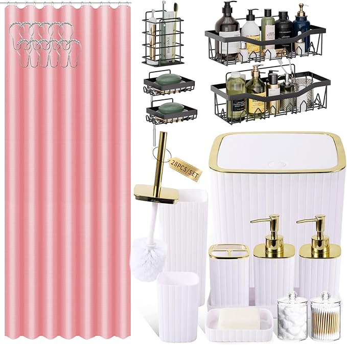 XLHOMO Bathroom Accessories Set - Gorgeous Bathroom Set, 28PC White Bathroom Accessory Set, Shower Curtain with 5PC Adhesive Corner Shower Caddy Hanging, Toilet Brush, Trash Can & Soap Dispenser