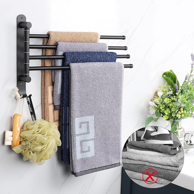 NearMoon Swivel Towel Rack, 13.8" Thicken 304 Stainless Steel 4-Arm Towel Bar, Space Saving Wall Mounted Towel Holder with Hook, Rustproof Swing Out Towel Hanger for Bathroom, Kitchen (Matte Black)