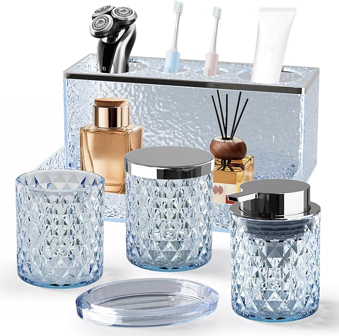Glass Bathroom Accessories Set 5Pcs Crystal - Blue Foaming Soap Dispenser, Soap Dish, Cup, Acrylic Toothbrush Holder with Tray Organizer, Cotton Swab Jar, Bathroom Counter Set Sink Decor