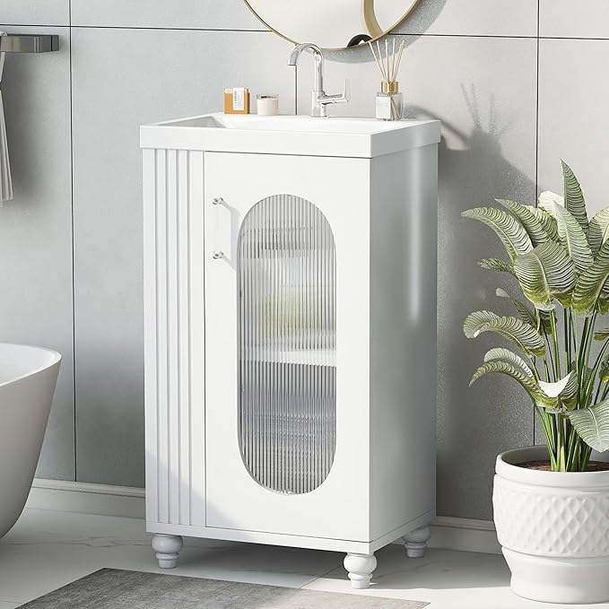 Virubi 20" Small Bathroom Vanity with Sink and Glass Door, Storage Shelf & Toilet Paper Holder,Solid Wood & MDF Modern Single Bathroom Sink Cabinet with Shelves,Freestanding,White