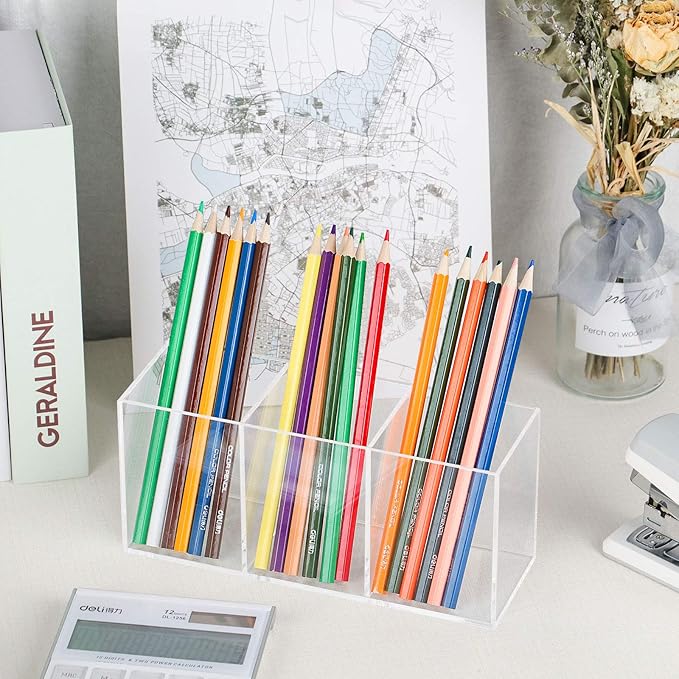 weddingwish Acrylic Pen Holder Clear Pencil Holder 3 Slot Pencil Organizer Cup for Desk Pencil Cup Stationery Organizer for Office Accessory, Cosmetic Storage, Vanity Organizer Bathroom, Dorm