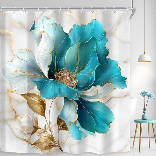 Riyidecor Teal Gold Marble Floral Shower Curtain for Bathroom Decor 72Wx84H Extra Long Abstract Modern Fashion Flower Luxury Modern Art Printed Fabric Polyester Waterproof 12 Pack Plastic Hooks
