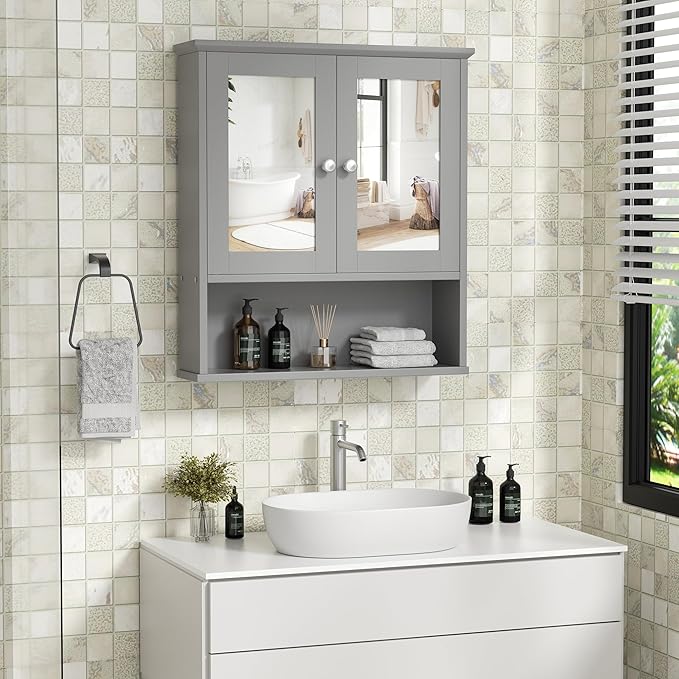 Shintenchi Bathroom Cabinet with Mirror, Wood Medicine Cabinet with Adjustable Shelf, Wall Mount Cabinet Storage, Cupboard, Gray