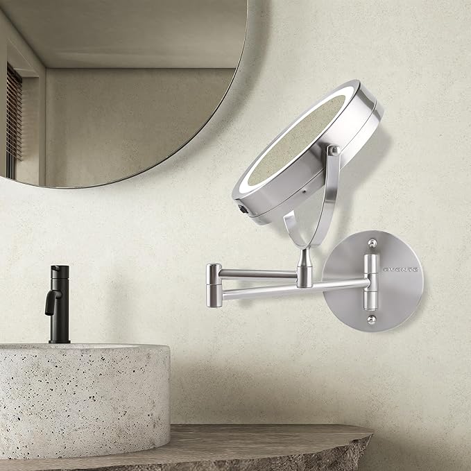 OVENTE Wall Mounted Lighted Makeup Mirror, 7" Double Sided 1X/10X Magnifying Vanity Mirror for Bathroom with LED Lights, Cordless, 360° Rotation and 13" Extendable Arm, Nickel Brushed MFW70BR1X10X