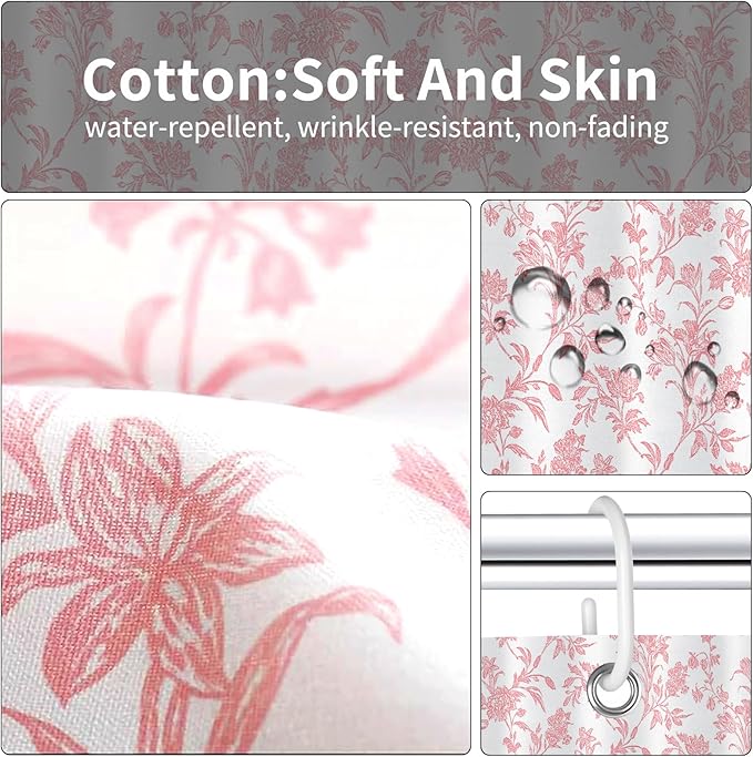 Seorsok Pink Shower Curtain,Sage Cotton Floral Cottagecore,Elegant Floral Fabric Shower Curtain Machine Washable Waterproof Bathroom Decor 36'Wx72'L inches