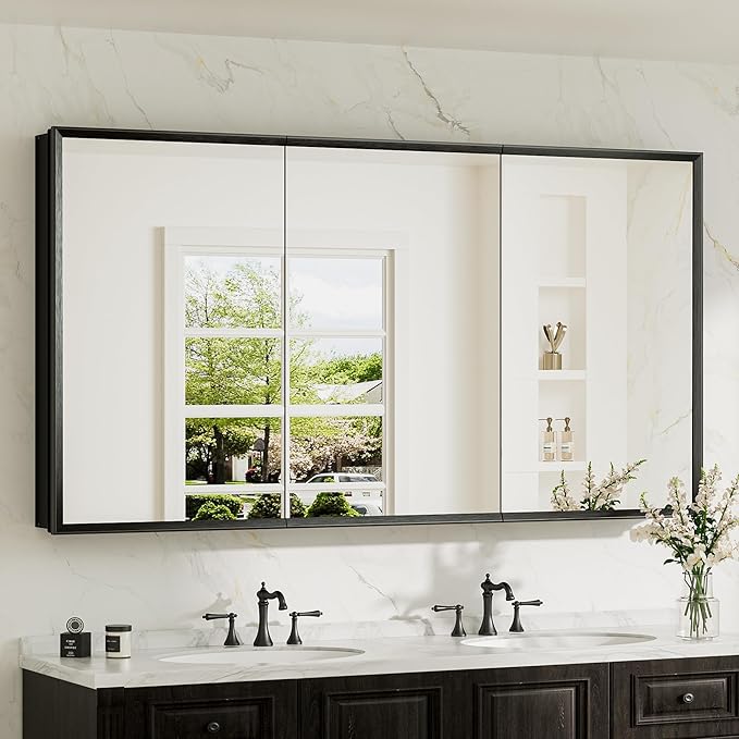 TokeShimi 60 x 32 Black Recessed Medicine Cabinet with Mirror, Assembly Required, Bathroom Medicine Cabinet with Mirror, Stepless Adjustable Shelves, Beveled Aluminum Frame, DTC Hinge