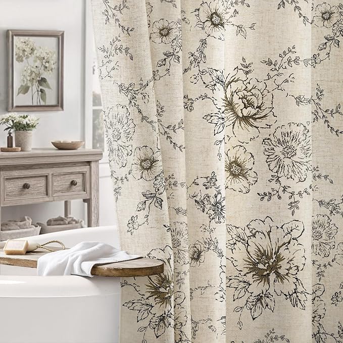 Farmhouse Floral Linen Shower Curtain, Vintage Black Pattern Rustic Shower Curtains for Bathroom, Tan Taupe,60x72