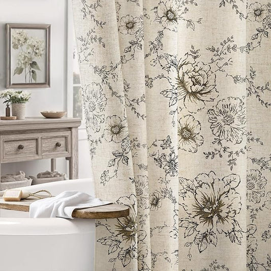 Farmhouse Floral Linen Shower Curtain, Vintage Black Pattern Rustic Shower Curtains for Bathroom, Tan Taupe,72x96