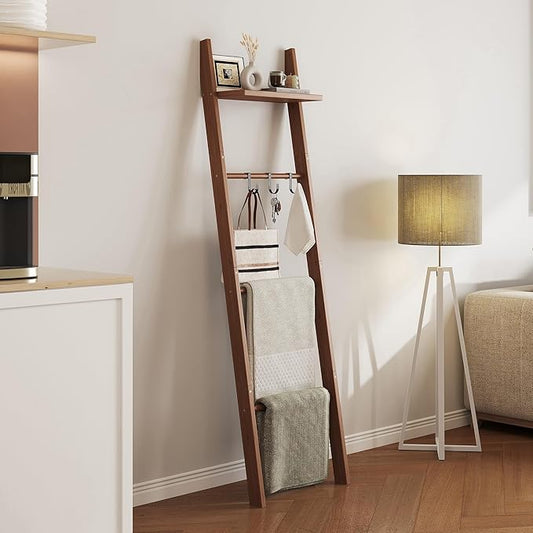 63" Bamboo Blanket Ladder with Shelf and 5 Hooks, 4 Tier Leaning Blanket Rack, Farmhouse Towel Ladder Rack, Decorative Quilt Rack Holder for Living Room Bedroom Bathroom, Walnut