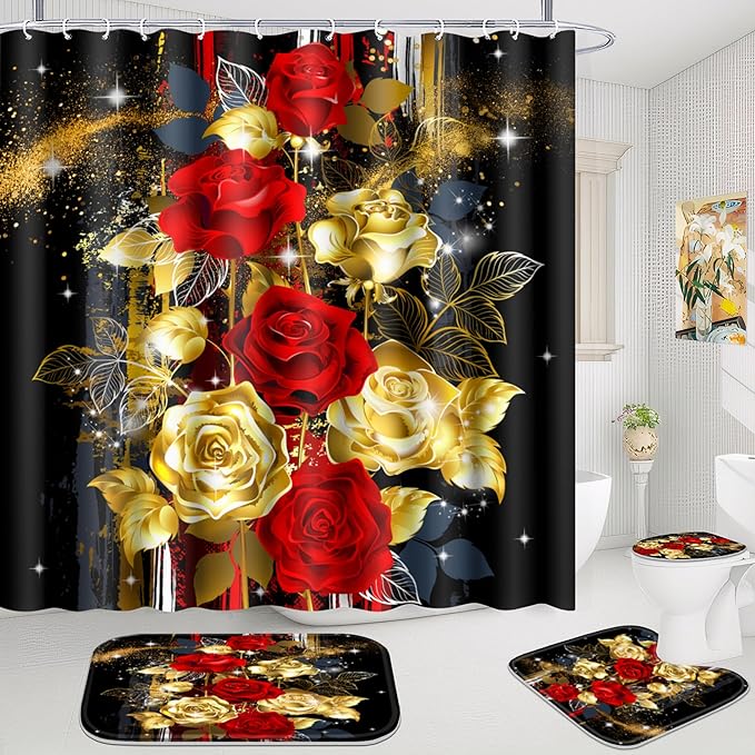 Poedist 4 Pcs Bathroom Set,Gold Dust Rose Shower Curtain Sets, Floral Shower Curtain Sets with Rugs(Bath Mat,U Shape and Toilet Lid Cover Mat) and 12 Hooks