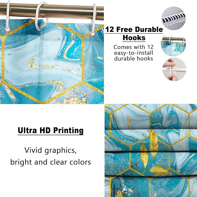 Poedist Shower Curtain Set with Rugs,Bathroom Accessory Set, Including Non-Slip Rugs,Toilet Lid Cover and Bath Mat, Waterproof Shower Curtain with 12 Hooks,Blue and White Honeycomb Marble
