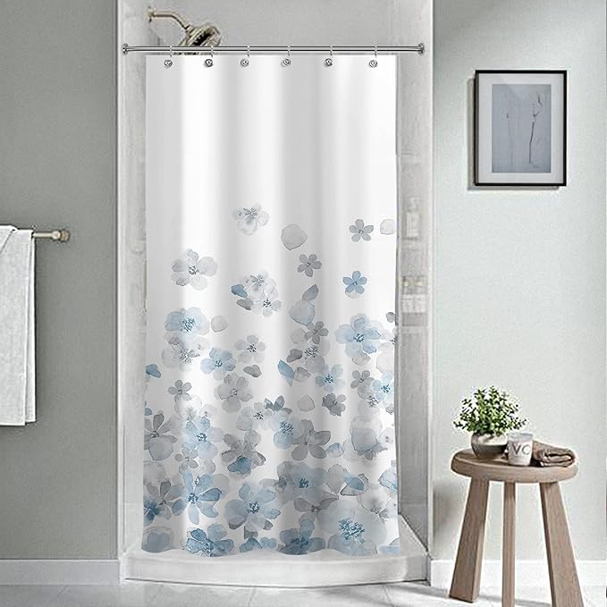 Sunlit Design 36 x 72 Inches Blue and Gray Small Stall Shower Curtains RV Half Size Narrow Bathroom Curtains Simple Style Flower Blossoms Bathroom Decor with White Background
