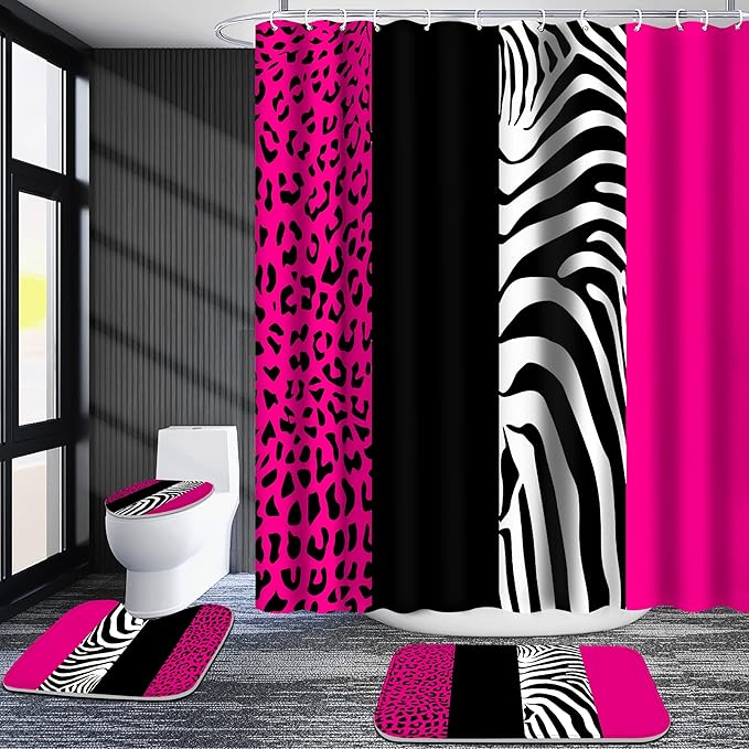 Poedist 4 Pcs Bathroom Shower Curtain Set,Rosy Leopard Print Shower Curtain Bright Style Shower Curtain Sets with Rugs(Bath Mat,U Shape and Toilet Lid Cover Mat) and 12 Hooks