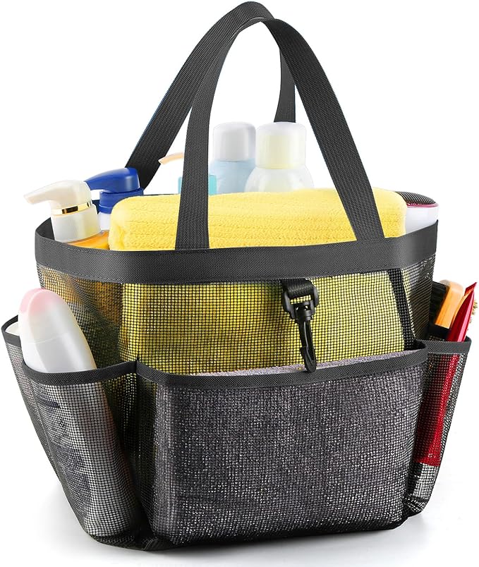 LOYEE Mesh Shower Caddy Portable for College Dorm Room Essentials with 8 Pockets, Shower Bag for Beach, Swimming, Gym, Travel, Bathroom(Black)