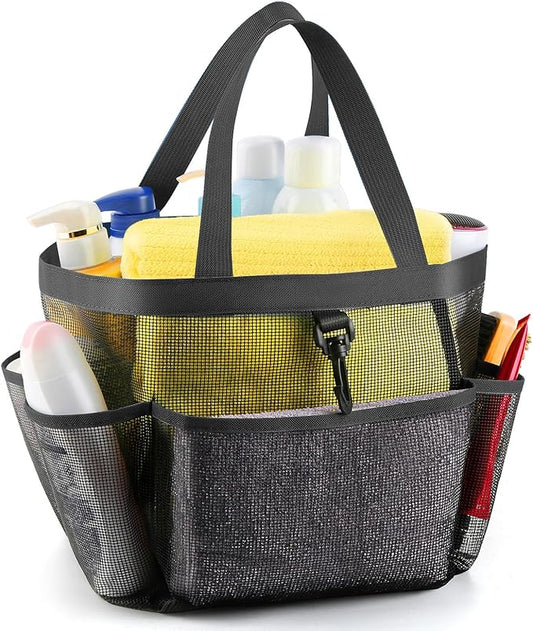 LOYEE Mesh Shower Caddy Portable for College Dorm Room Essentials with 8 Pockets, Shower Bag for Beach, Swimming, Gym, Travel, Bathroom(Black)