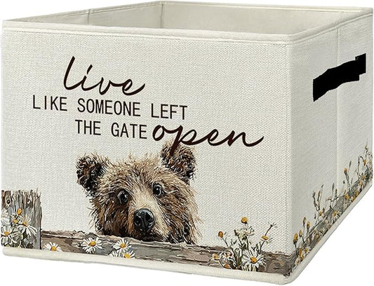 Rustic Bear Storage Bins & Boxes with Handles, Farmhouse Bear Foldable Basket for Organizing, Live Like Someone Left the Gate Open Collapsible Storage Basket for Bedroom Bathroom Clothes Toys