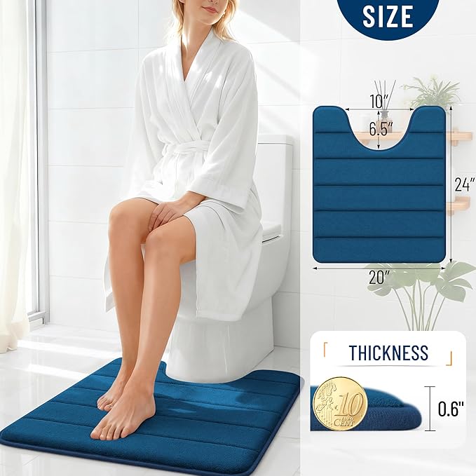 OLANLY Memory Foam Toilet Rugs U Shaped 24x20, Super Soft Absorbent Contour Bath Rugs, Quick Dry, Machine Washable Toilet Mat, Bathmat Floor Carpet, Bathroom Home Decor Accessories, Navy Blue
