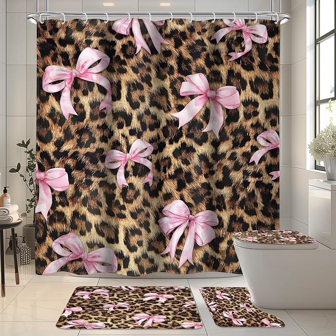 LIGHTINHOME 4 PCS Leopard Print Bow Shower Curtain Set 72Wx72H,Toilet Lid Cover,Non-Slip Rugs and U-Shaped Mat,Girly Pink Cheetah Bathroom Sets with Rugs Shower Accessories 12 Hooks for Bathroom Decor