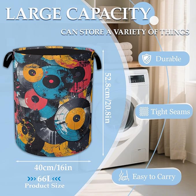 Music Graffiti Laundry Hamper Disc Collapsible Laundry Basket Clothes Toy Storage Bin for Bathroom Bedroom Room Decor 16 X 20.8 Inch