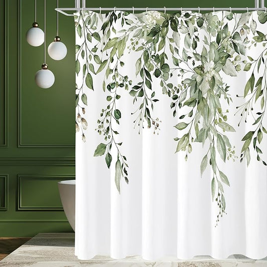 Gibelle Long Shower Curtain 72 x 78, Tall Olive Green Floral Shower Curtain for Bathroom, Watercolor Plant Eucalyptus Leaves Fabric Shower Curtain Set
