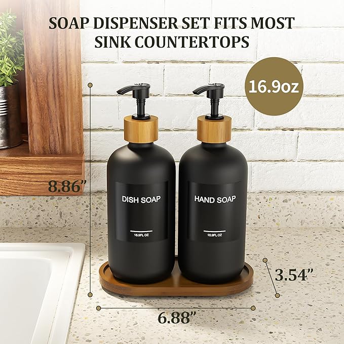 MASADI Black Glass Hand Soap and Lotion Dispenser Set with Tray, Liquid Hand Soap Dispenser and Pump, Bathroom Soap Dispenser Set, Bamboo Bathroom Accessories & Modern Bathroom Deco