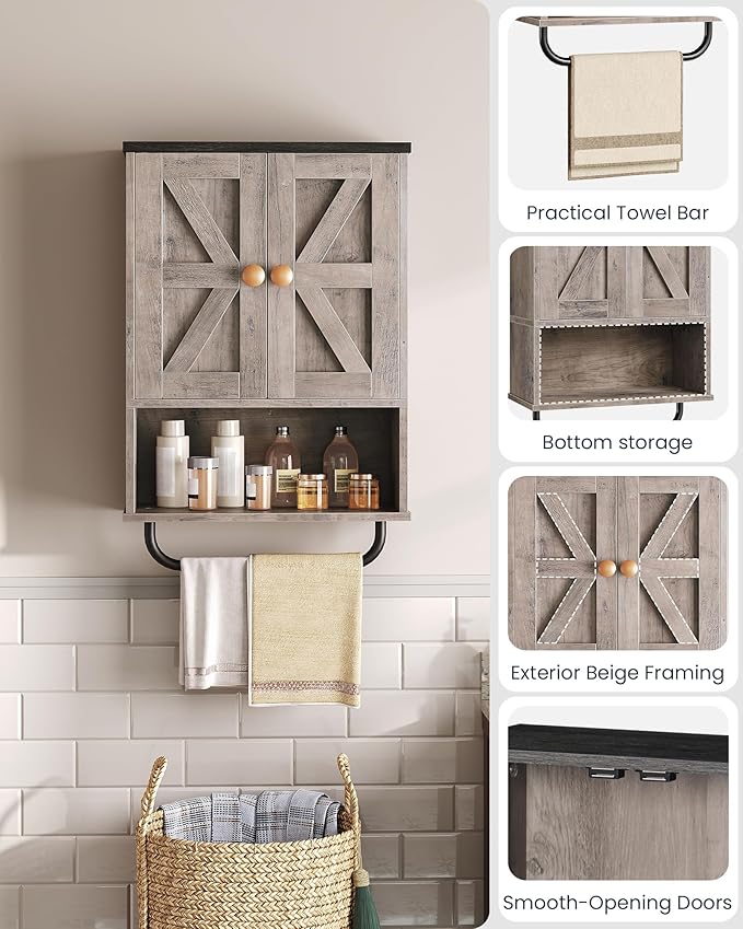 CHOEZON Bathroom Wall Cabinet, Medicine Cabinet with Open Partition and Towel Bar, Rustic Storage Cabinet with Open and Hidden Storage Space, for Bathroom, Living Room, Greige and Charcoal Black