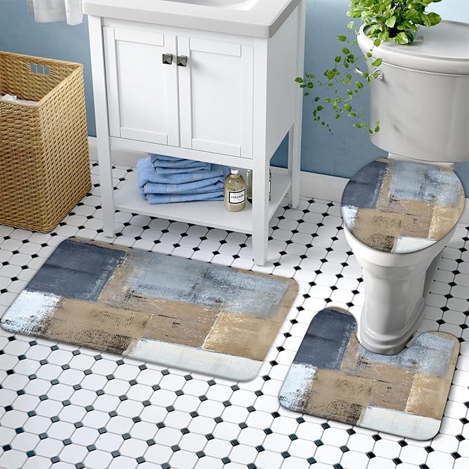 Lnond 4Pcs Bathroom Shower Curtain Sets with Rugs,Brown and Blue Painting Art Bathroom Sets with Shower Curtain and Rugs and Accessories