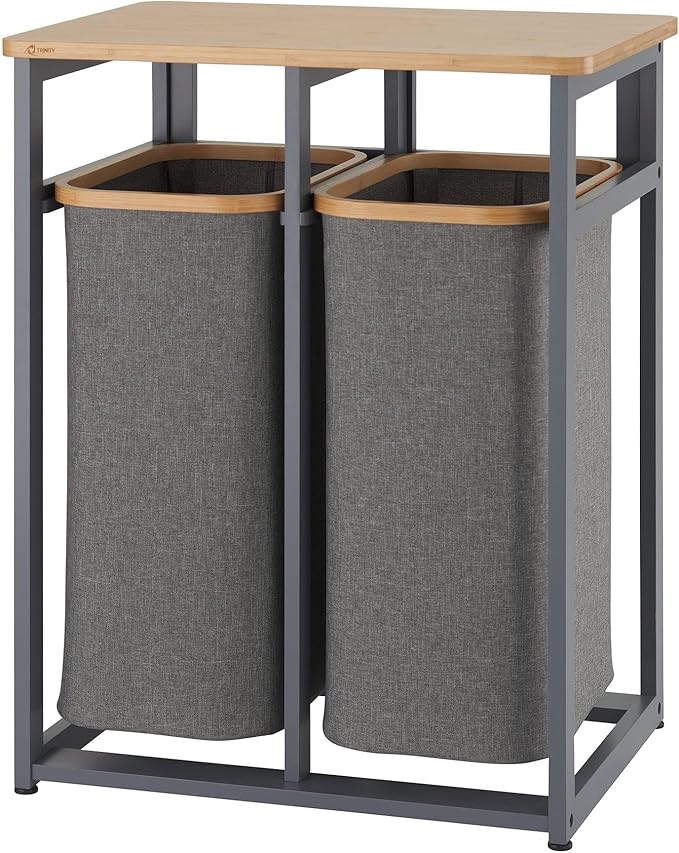 TRINITY EcoStorage Bamboo Wood Laundry Organizer Station with Folding Shelf and 2 Pull-Out Removeable Hamper Bags, Dark Gray