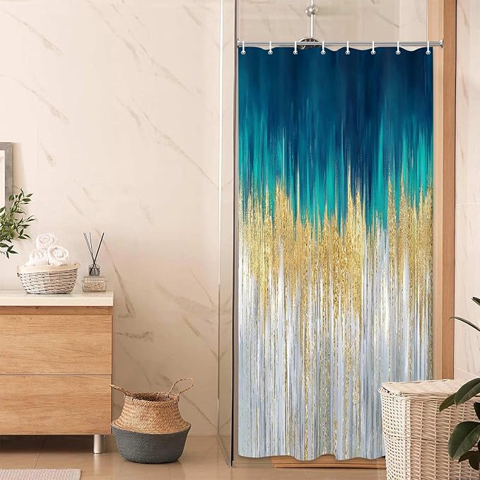 JAWO Abstract Teal Blue Shower Curtain, Lake Blue Boho Ombre Minimalist Chic Art Shower Curtains, Modern Neutral Contemporary Striped Brush Strokes Tan Art Waterproof Bathroom Curtain with 12 Hooks