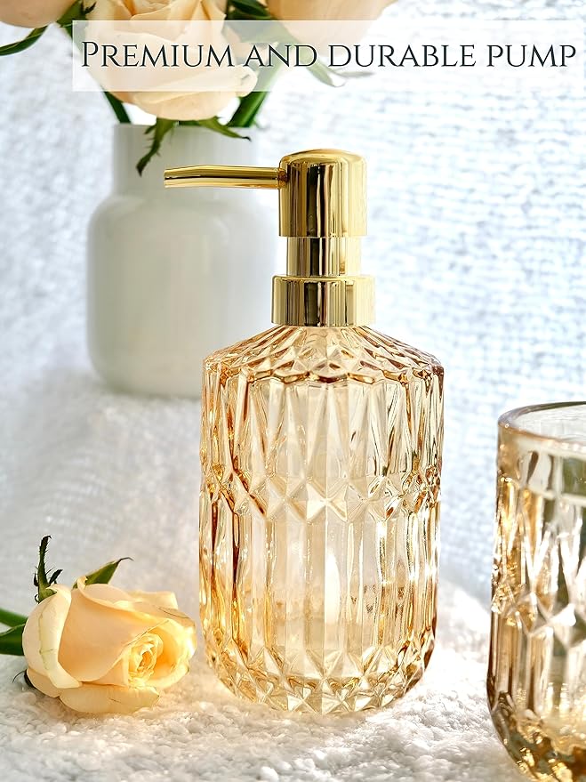 LaMarriti Clear Gold Bathroom Accessorries Set, 5Pcs Glass Bathroom Accessories, Lotion Soap Dispenser, Toothbrush Holder Set, Soap Dish, Tumbler, Qtips Holder for Bathroom Vanity Decor, Yellow Gold
