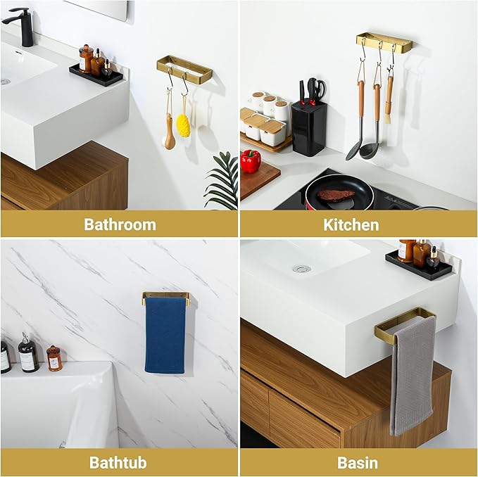 SAYAYO Brushed Gold Hand Towel Holder for Bathroom Wall, 8 Inch Self Adhesive Towel Bar Hand Towel Rack Square Heavy Duty