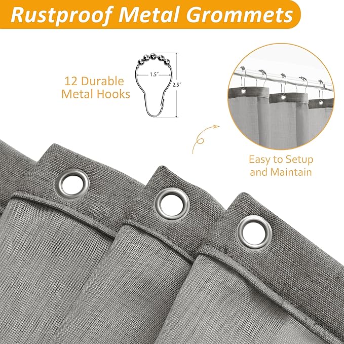 Naturoom Grey Linen Shower Curtain with Fabric Snap in Liner Set Rustic Style Farmhouse Shower Curtains for Bathroom Heavy Duty Burlap Cloth Double Bath Curtains with See Through Top Window 72x72
