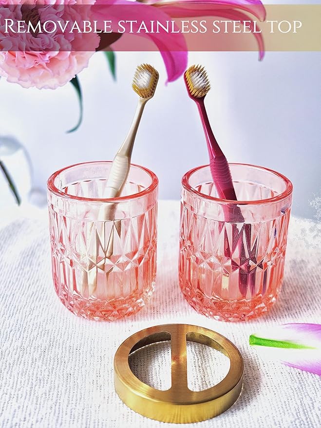 LaMarriti 5pcs Pink Bathroom Accessories Set, Crystal Clear Glass Bathroom Set, Soap Dispenser, Toothbrush Holder Set, Soap Dish, Tumbler, Qtips Holder, Modern Bathroom Decor, Gift Set