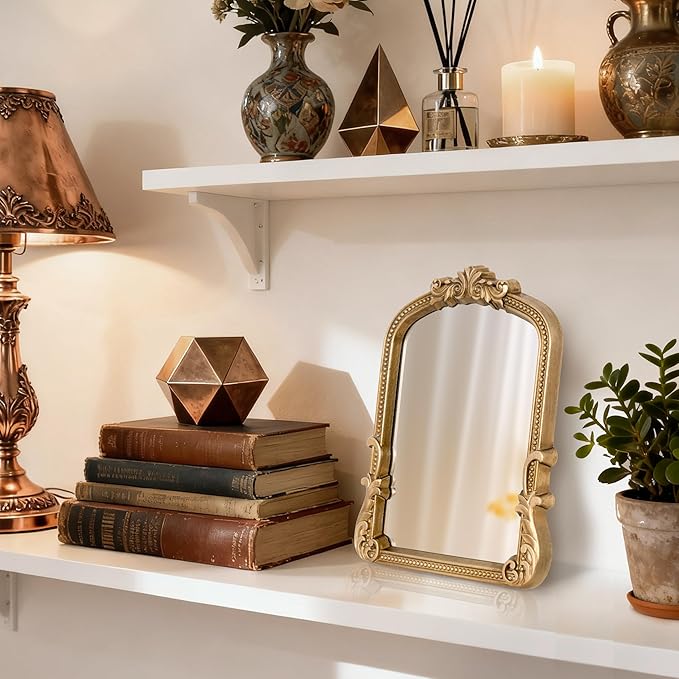 Vintage Vanity Makeup Mirror Gold Desk Small Mirror Antique Arched Gold Table Traditional Resin Mirror with Stand for Tabletop Living Room Bedroom Countertop Dresser 9.6x12.3