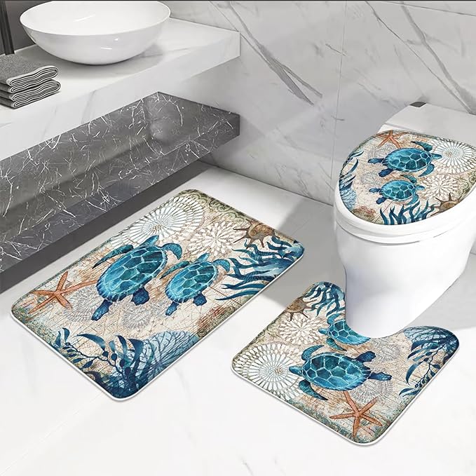 Sea Turtles Nautical Ocean Beach Bathroom Sets Starfish Coral Shower Curtain and 18 x 30 Rugs Bathroom Accessories Sets Decor with Bath Mat, Toilet Lid Cover, U-Shaped Contour and Hooks 72W x 72H Inch