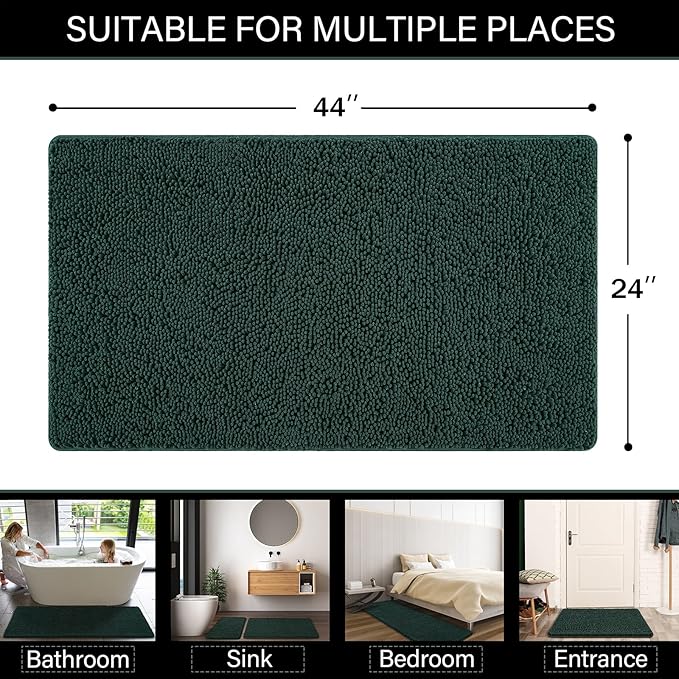 LOCHAS Luxury Bathroom Rug Shaggy Bath Mat 24 x 44 Inch, Washable Non Slip Bath Rugs for Bathroom Shower, Soft Plush Chenille Absorbent Carpets Mats, Hunter Green