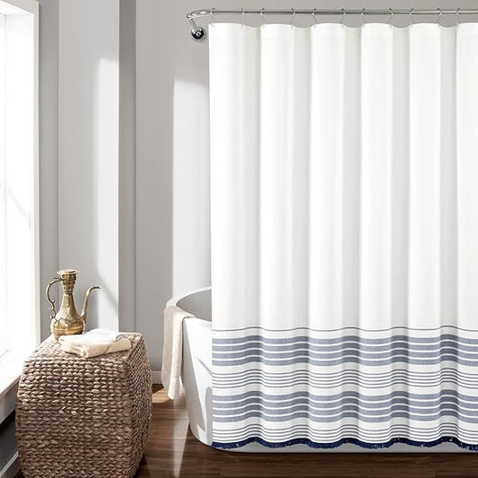 Lush Decor Nantucket Yarn Dyed Cotton Blend Tassel Fringe Shower Curtain Single 72" W x 72" L White & Navy - White Shower Curtains for Bathroom Curtain