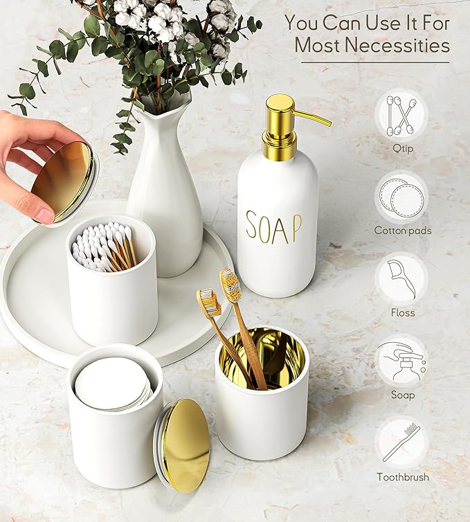 White Bathroom Accessories Set with Tray, 6pcs White and Gold Bathroom Accessory Sets, Glass Soap Dispenser and Toothbrush Holder Set, Qtip Holder, Ceramic Flower Vase, Bathroom Set Decor